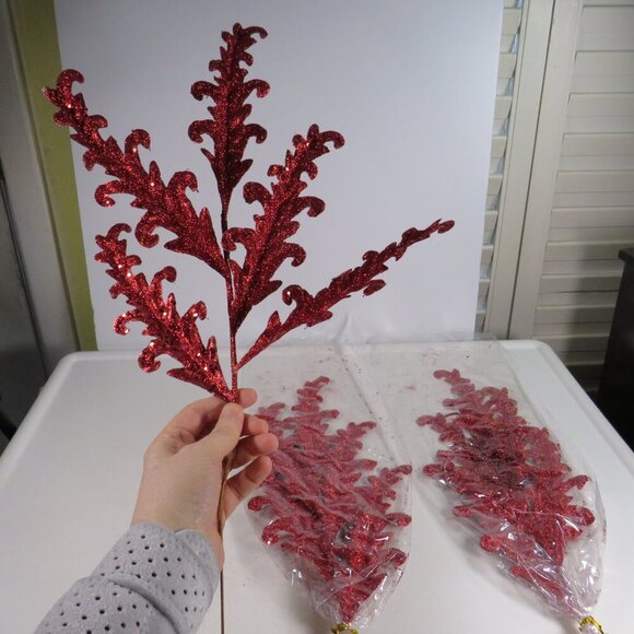 Flourishes (3) Faux Floral Picks glittered double sided) floral filler TRUE RED - Picture 1 of 6